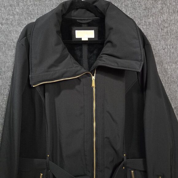 MICHAEL KORS Black Asymmetrical Zip Coat Belted Size 3X Faux Fur Lined - Picture 2 of 10